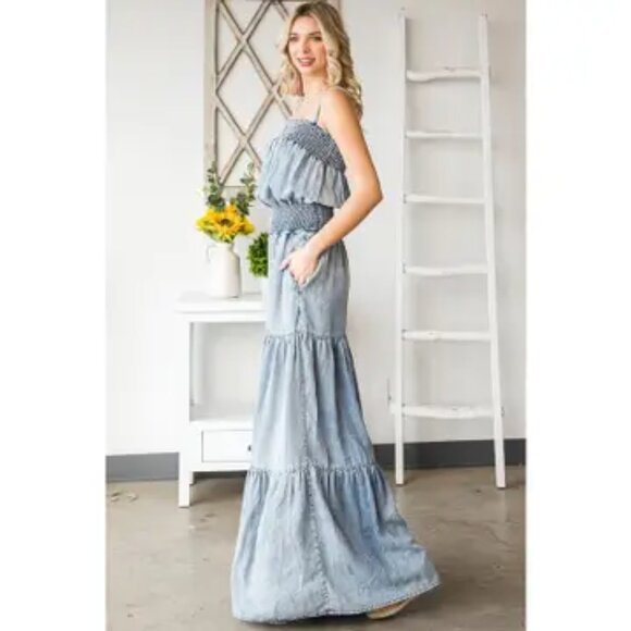 042 The Oli & Hali Washed Smocked Ruffled Wide Leg Jumpsuit Size Small - Picture 9 of 10